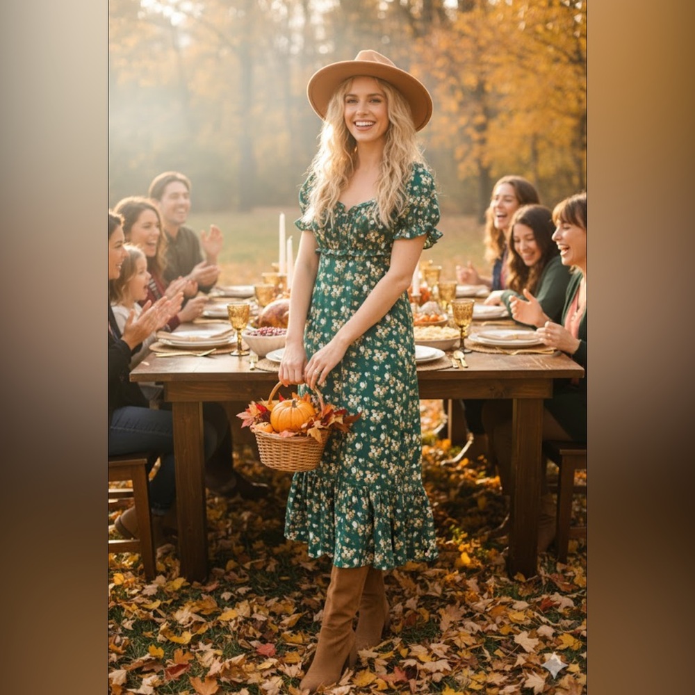 Green Ditsy Floral Puff Sleeve Midi Dress | Size L